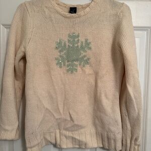 Cream sweater with green snowflake design by Gap, Size: M